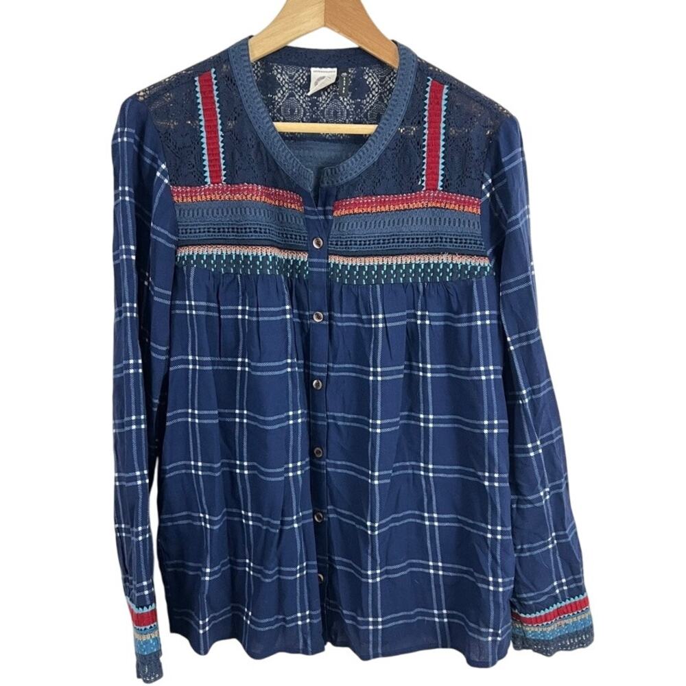 Anthropologie Akemi + Kin Blue Plaid Embroidered Top Long Sleeve Women 12